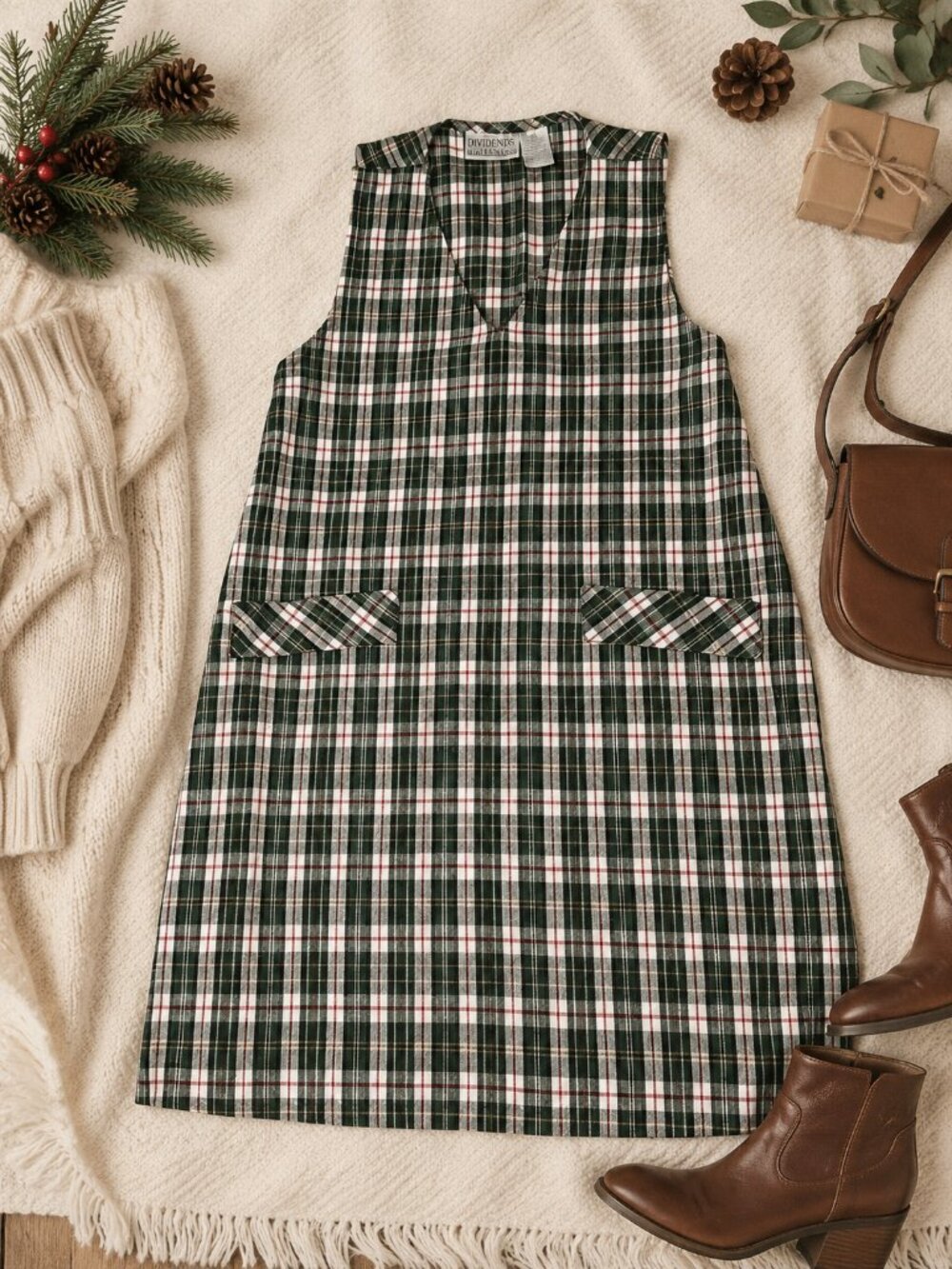 Vintage Dividends Maternity Plaid Jumper Dress Small Green Pinafore Pockets